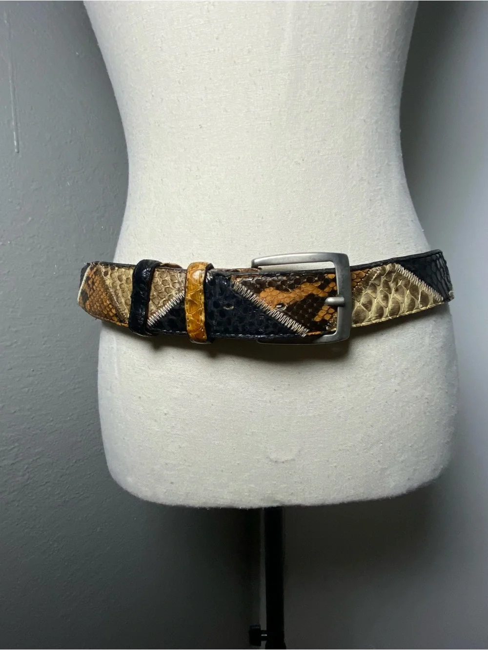 Vintage Italian Tan & Black Patchwork Snakeskin Leathed Belt Size XL